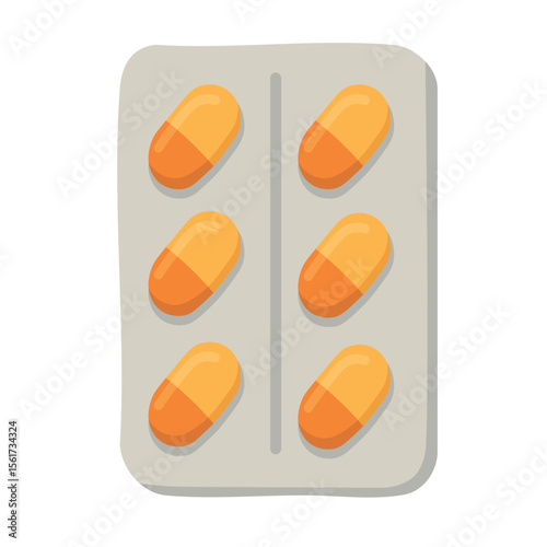 Blister pack with bright orange capsules. Flat cartoon vector illustration for health and medicine.