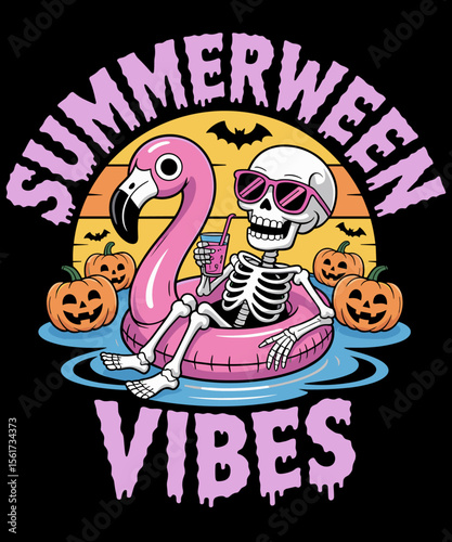 Summerween Vibes Skeleton Flamingo Spooky Halloween Summer