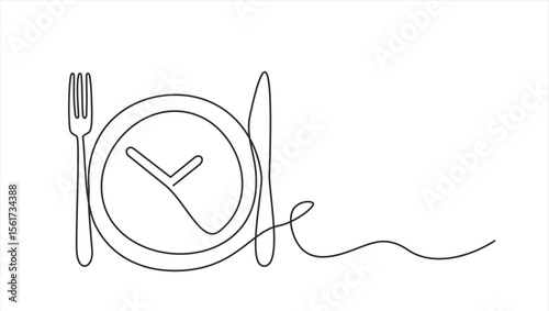 Continuous one line drawing of plate, fork, knife. Food symbol for bar, cafe, hotel. Ready to eat healthy food. for dinner, breakfast, lunch meal menu. Dinner time.  Hand drawn. Editable stroke	