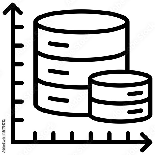 Data Growth Outline Icon Vector Design - Increasing database stacks over graph axis, visualizing data growth or scalability