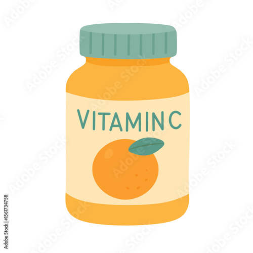 Cartoon vitamin C bottle with orange fruit label. Flat vector supplement and health illustration.
