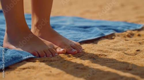 Relaxing beach scene featuring a light blue towel and pristine golden sand