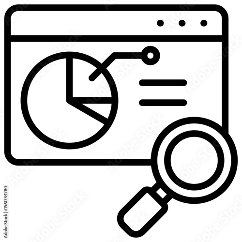 Analytics Dashboard Outline Icon Vector Design - Browser window with pie chart and magnifying glass, representing data visualization or analysis
