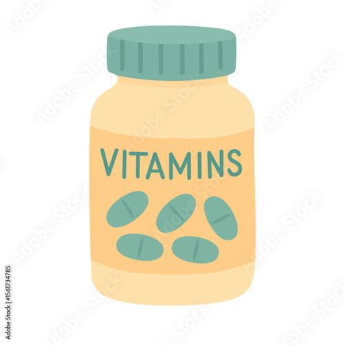 Cartoon vitamins bottle with label and green pills. Flat vector health and wellness illustration.