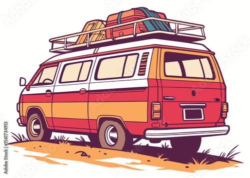 Vintage campervan with luggage on top ready for a road trip adventure travel theme vector illustration