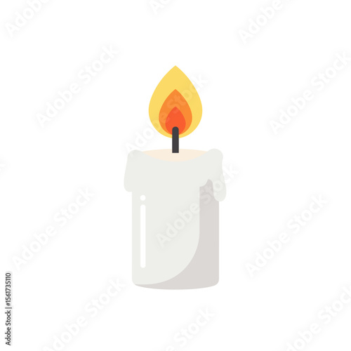 White candle with flame glowing in minimalist style  