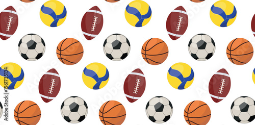 Sport balls seamless pattern, football, volleyball, basketball