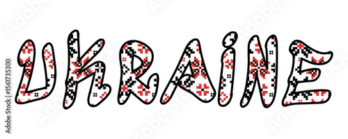 "Ukraine" Typography in Red and Black Folk Style, Embroidery Design