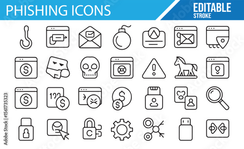 Icons for phishing, email scams, data breaches, and cybersecurity risks in vector format.

