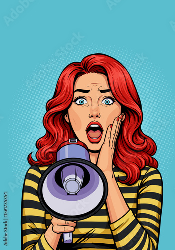 Young woman expressing surprise while holding a megaphone in pop art style  