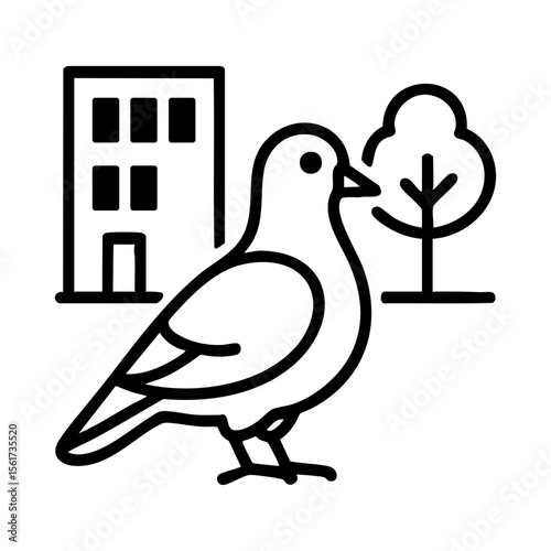 Urban pigeon line art standing near buildings and tree in city