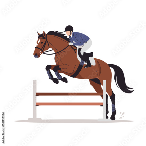 Equestrian rider jumping over obstacle on horse during competition  