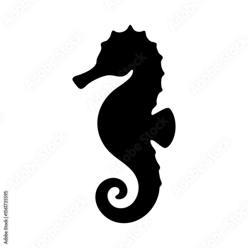 Black silhouette of a seahorse in upright curled tail marine design