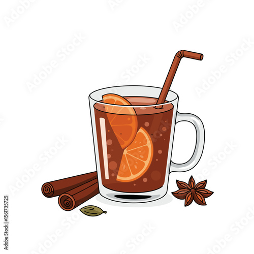 Hot beverage with orange slices and spices in glass mug  