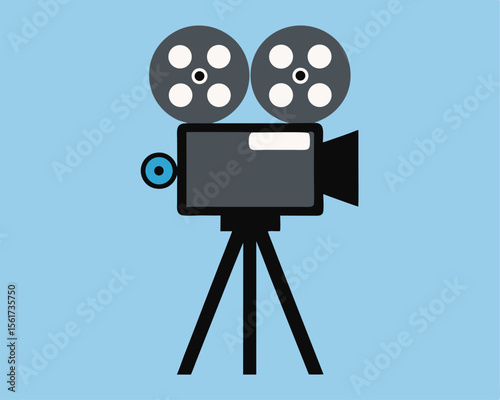 Vintage film camera on tripod silhouette against light blue background vector illustration.