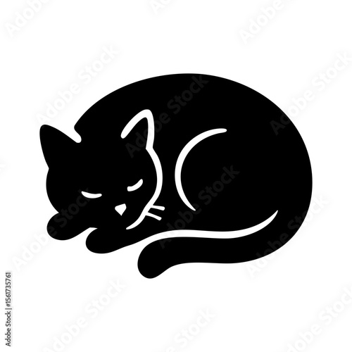 Sleeping black cat icon in minimalist silhouette vector style