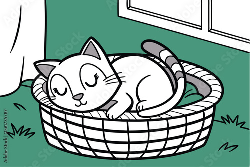 Adorable sleeping cat curled up comfortably inside a woven basket