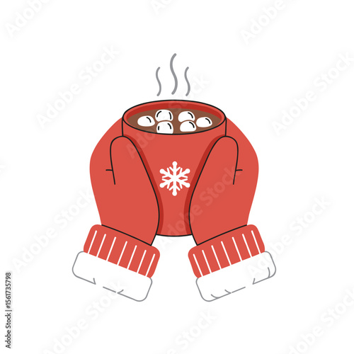 Cozy hands holding steaming mug of hot chocolate with marshmallows  