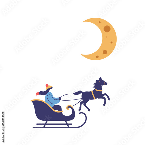 Person riding horse-drawn sleigh under crescent moon at night  