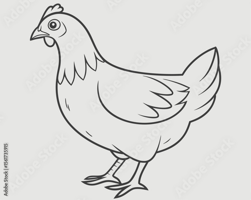 Simple black and white illustration of a standing chicken on a light gray background.