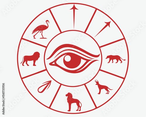 Symbolic ancient egyptian eye of horus surrounded by animals and directional arrows.