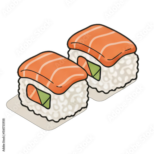 Two pieces of sushi with salmon on top, ready to eat.