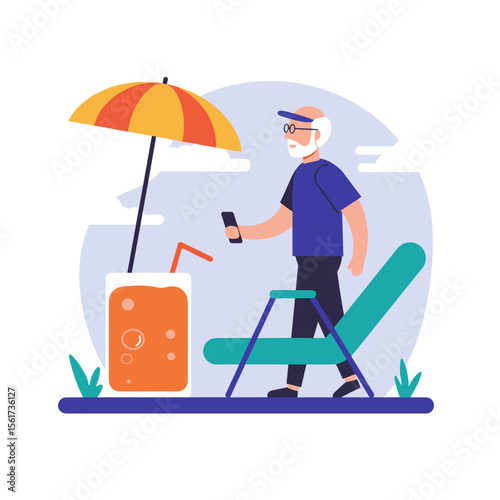 Elderly man walking with smartphone beside drink and lounge chair  