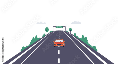 Car driving on open highway with greenery and blue skies  