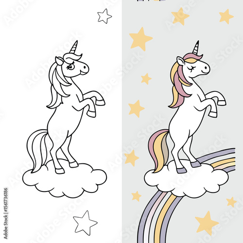 Detailed unicorn outline illustration with vibrant color options