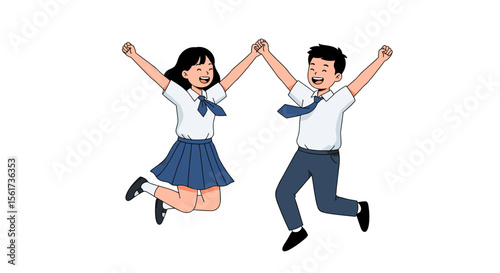 Two cheerful students jumping and celebrating with raised hands  