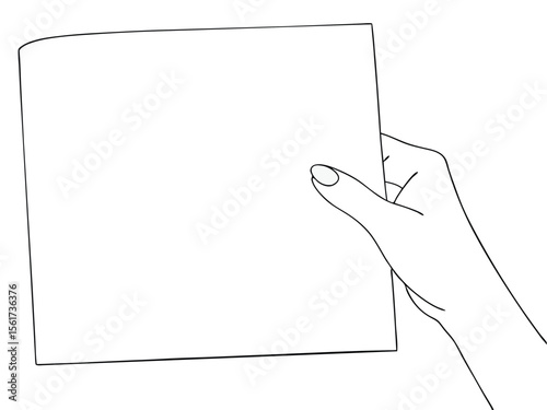 Hand holding blank paper sheet simple line art illustration for design or presentation.