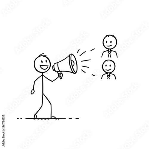 Stick figure speaking into megaphone while addressing audience  