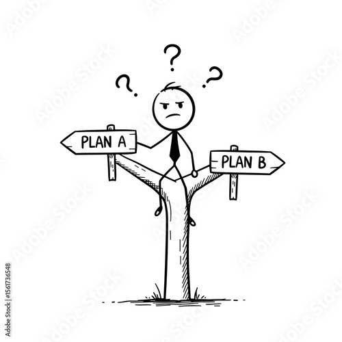 Stick figure deciding between Plan A and Plan B in confusion  