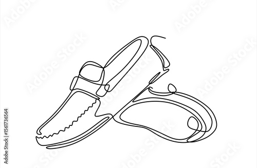 Moccasins continuous one line drawing minimalism design isolated on white background. Hand drawn one line vector. Editable stroke	