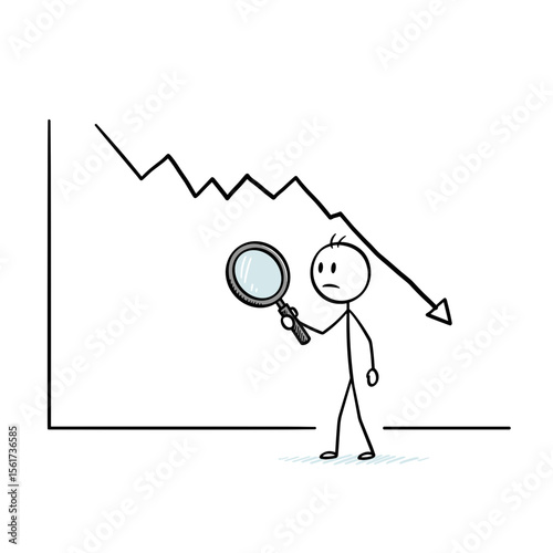 Stick figure examining declining graph with magnifying glass  