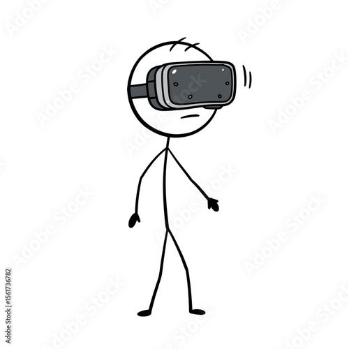 Stick figure using virtual reality headset and exploring environment  