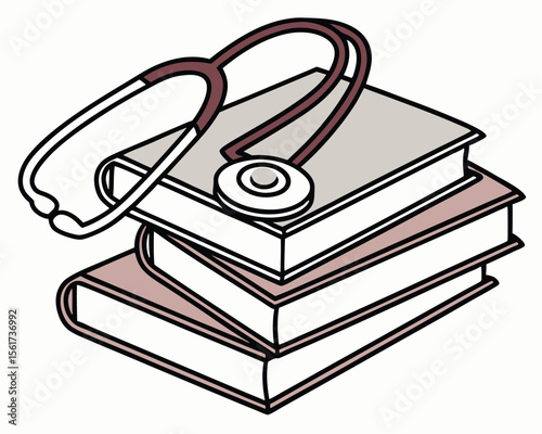 Illustration of a medical stethoscope resting on a stack of medical textbooks studying medicine.