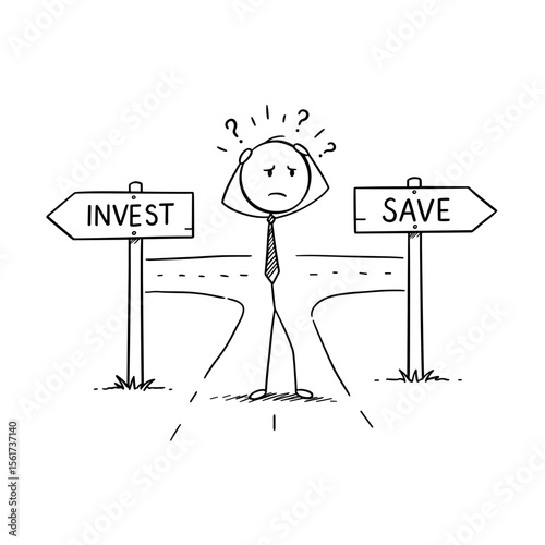 Confused man standing at crossroads between invest and save options  