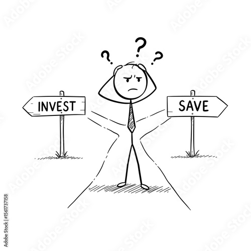 Stressed businessman standing at crossroads between invest and save  