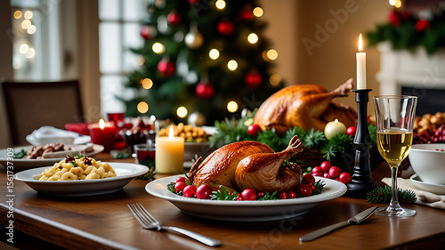 Feast of Cheer: A festive Christmas dinner table adorned with roasted turkey, decorative elements, and twinkling lights, inviting a celebration of togetherness.