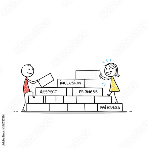 Two children building a structure with blocks labeled respect and inclusion  
