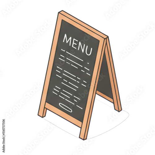 Isometric illustration of a wooden chalkboard menu board, displaying text.