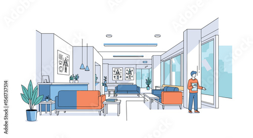Modern Office Reception Area With Contemporary Furniture and Natural Light Flooding Through Large Windows Creating an Inviting and Professional Atmosphere for Visitors and Employees