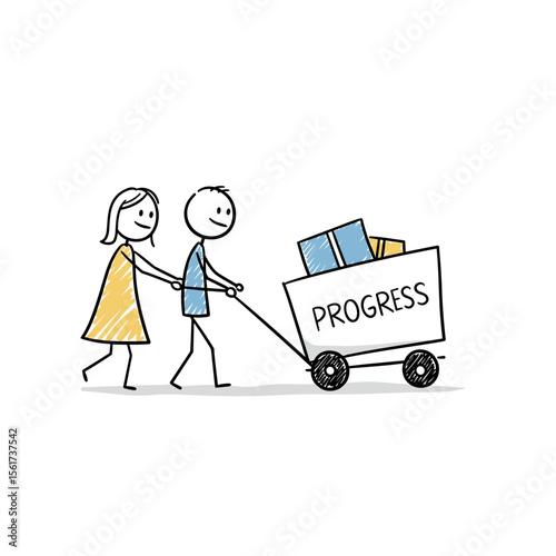 Stick figures pushing cart labeled 'Progress' with colorful boxes  