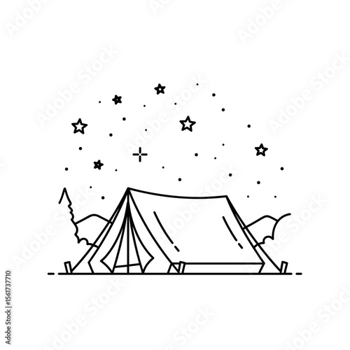 Camping tent under starry sky in minimalist line art style  