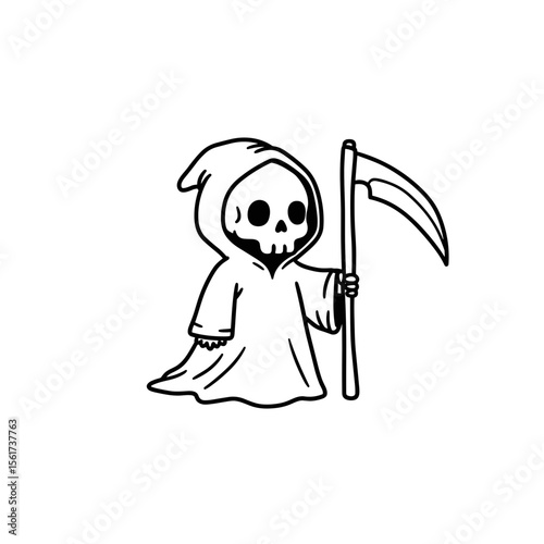 Cartoon baby Grim Reaper character holding a scythe in outline style  