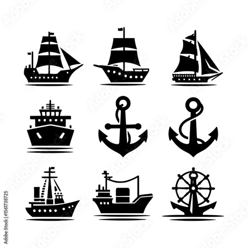 Collection of nautical icons featuring sailing ships anchors cargo ship and ship wheel