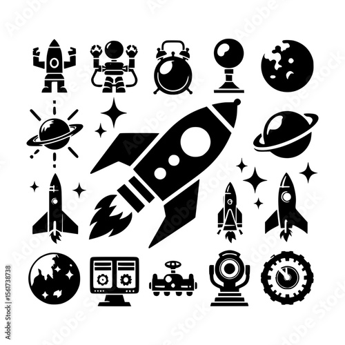 Collection of black and white space travel and science fiction icons