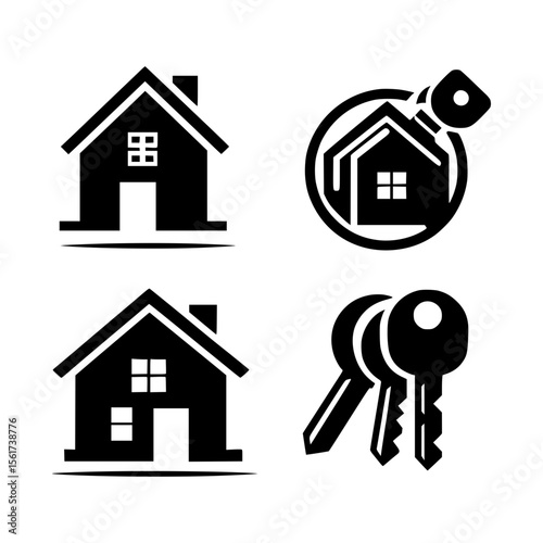 Collection of stylized black house and key icons representing real estate and property