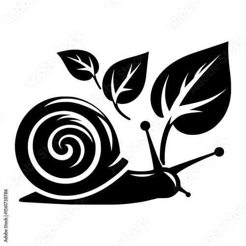 Stylized black and white snail silhouette with leaves on white background